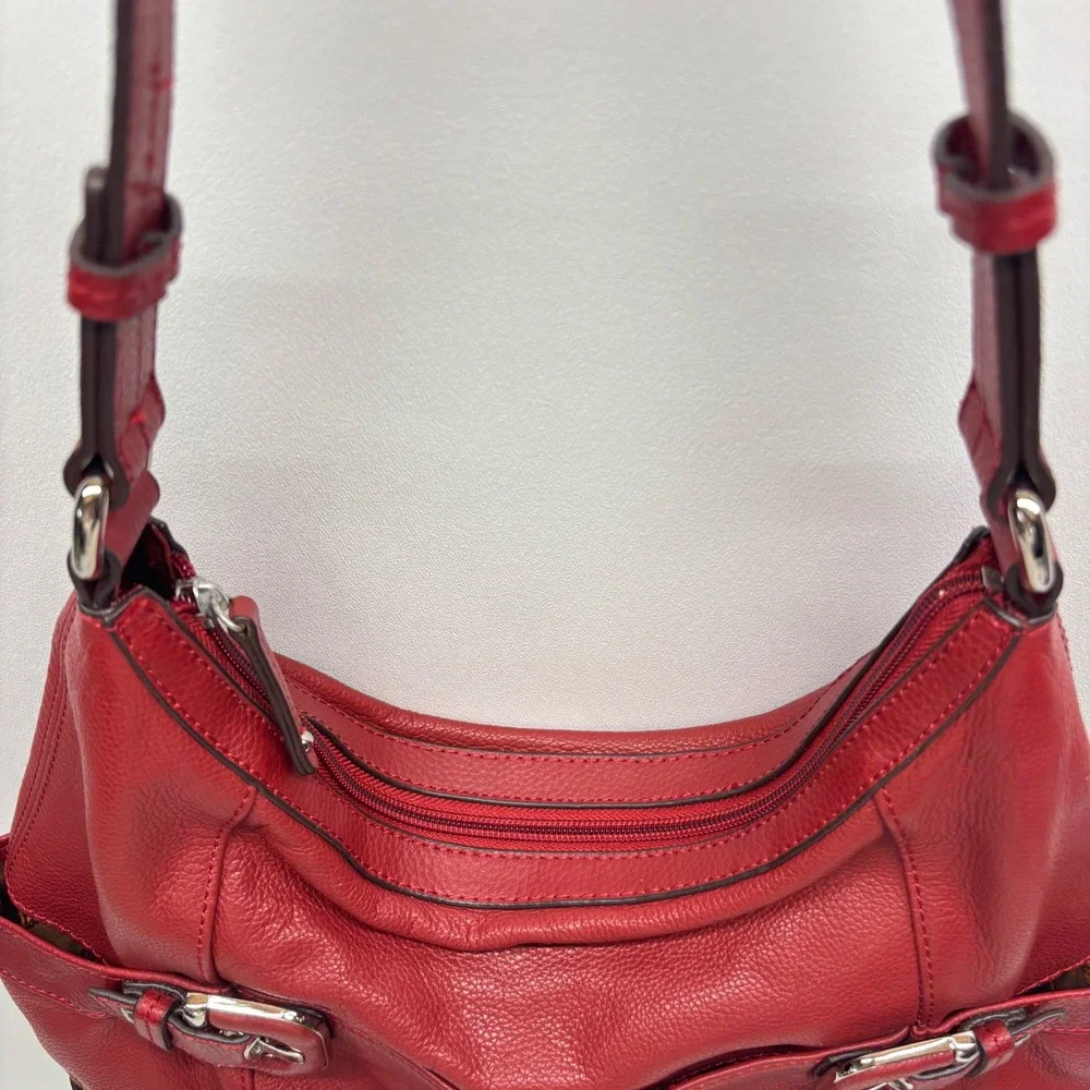 Tignanello Hobo Shoulder Bag Pebbled Leather Red Silver Hardware Buckle Y2K
